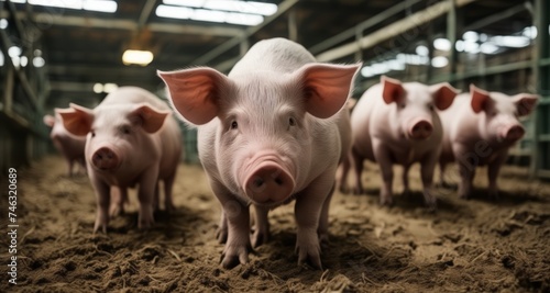  A herd of pigs in a barn, ready for the day's work photo