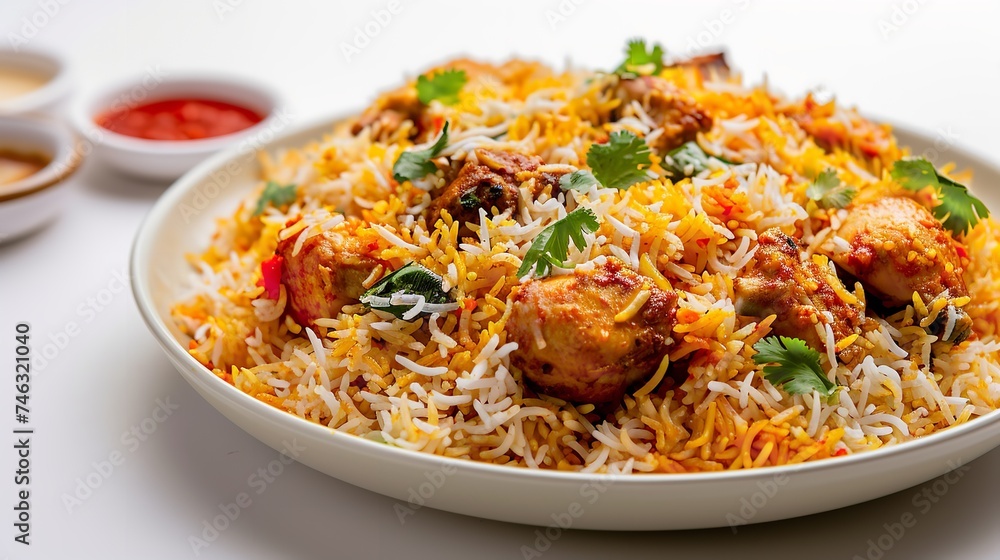 Delicious Chicken Biryani on Plate, Isolated on White Background Delicious Chicken Biryani on Plate, Isolated on White Background