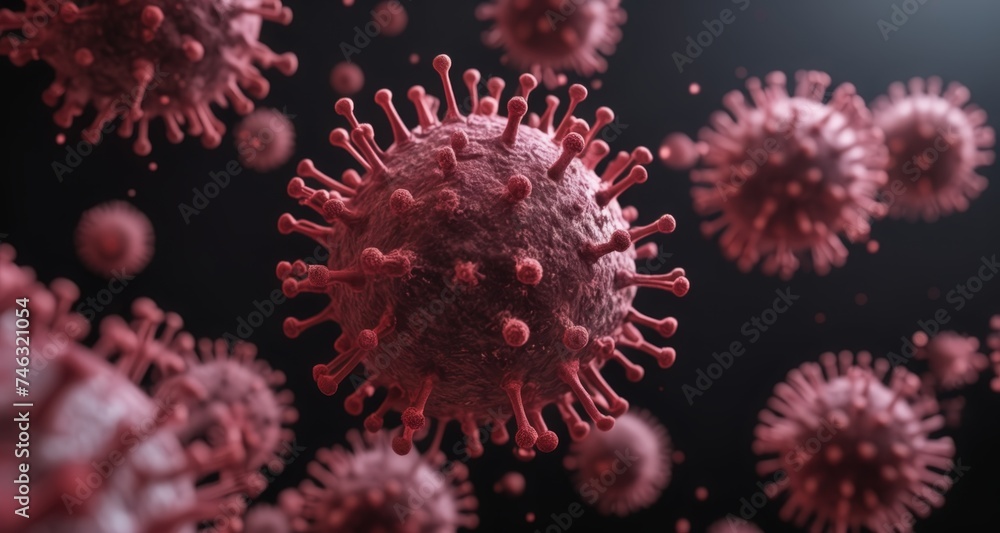 Fototapeta premium Viral particles in a microscopic view, illustrating the spread of a contagion