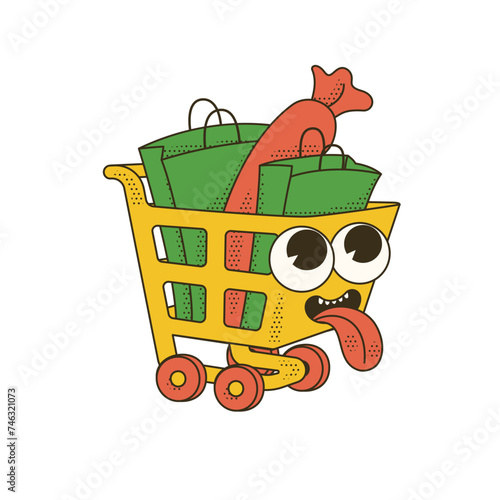 Trendy groovy sale promo character of shop cart with bags. Isolated vector mascot on transparent background for your design