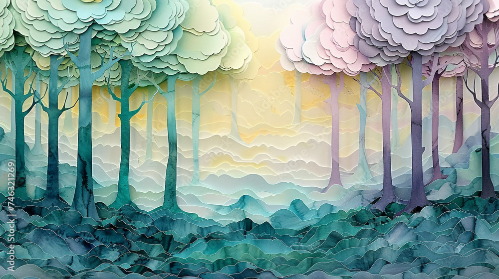 Paper art Mossy forest with a canopy of trees - obrazy, fototapety, plakaty 