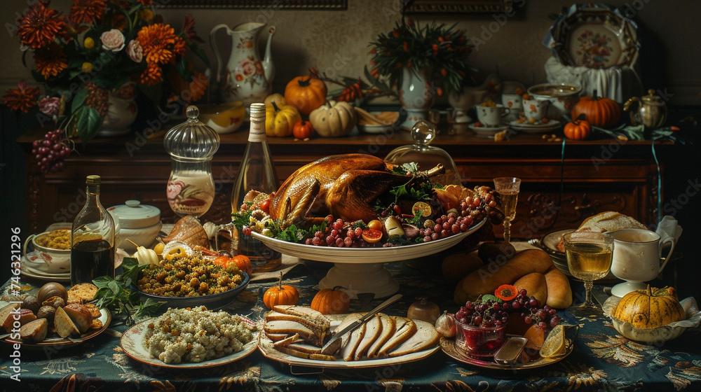 Christmas Dinner Elegance: Festive Turkey Spread on the Table, generative AI