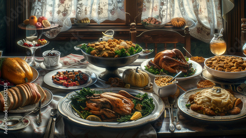 Turkey Feast Tradition: Festive Dinner Table for Thanksgiving, generative AI