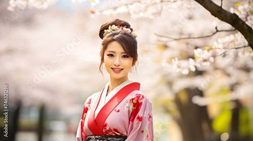 春と女性、桜の花と着物の日本人女性 