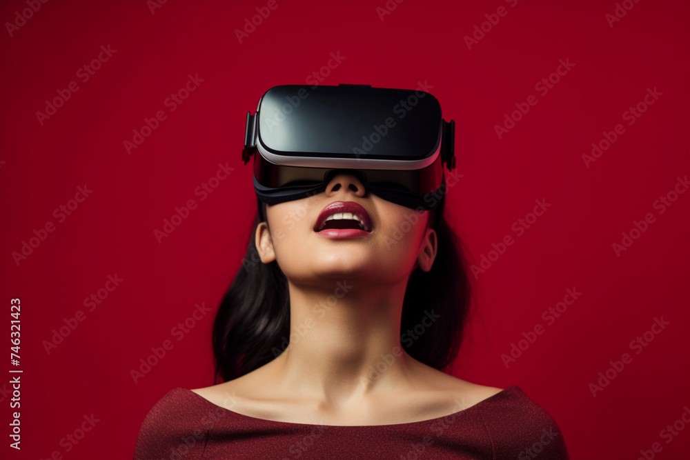 oung woman using vr glasses on red background oung woman using vr glasses on red background