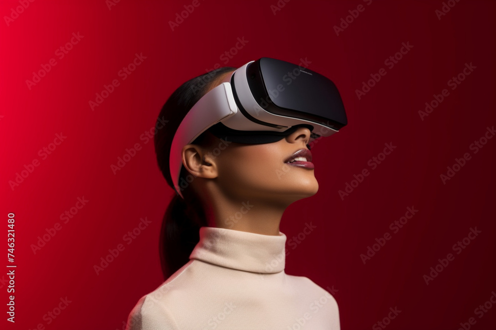 oung woman using vr glasses on red background 