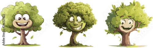 group set of illustrations of trees with happy expressions