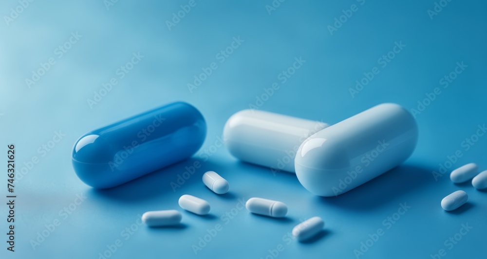 Medication - Blue and white capsules on a blue background Medication - Blue and white capsules on a blue background