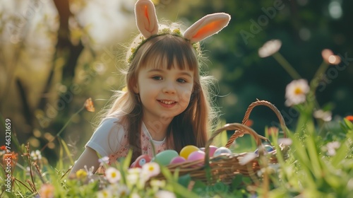 Preschooler girl wearing bunny ears playing egg hunt on Easter. Child gathering colorful eggs in basket. Little kid celebrating Easter outdoors