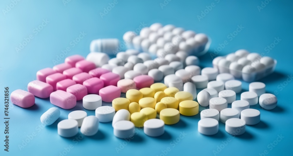 Vibrant pills on a blue background, perfect for health and wellness themes Vibrant pills on a blue background, perfect for health and wellness themes