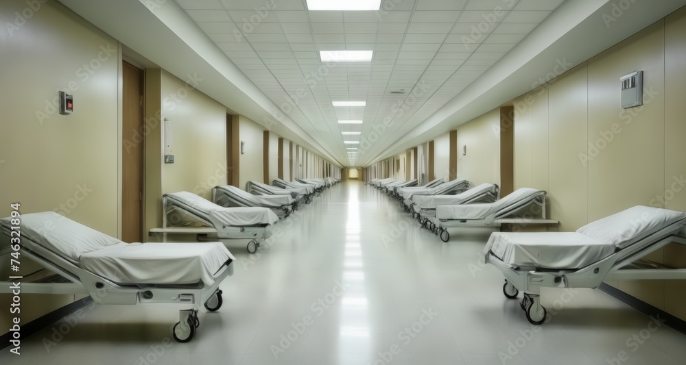 Fototapeta premium Empty hospital corridor with rows of beds, ready for patients