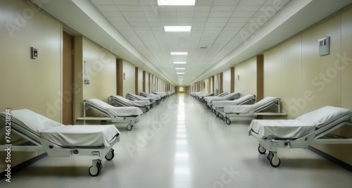  Empty hospital corridor with rows of beds, ready for patients