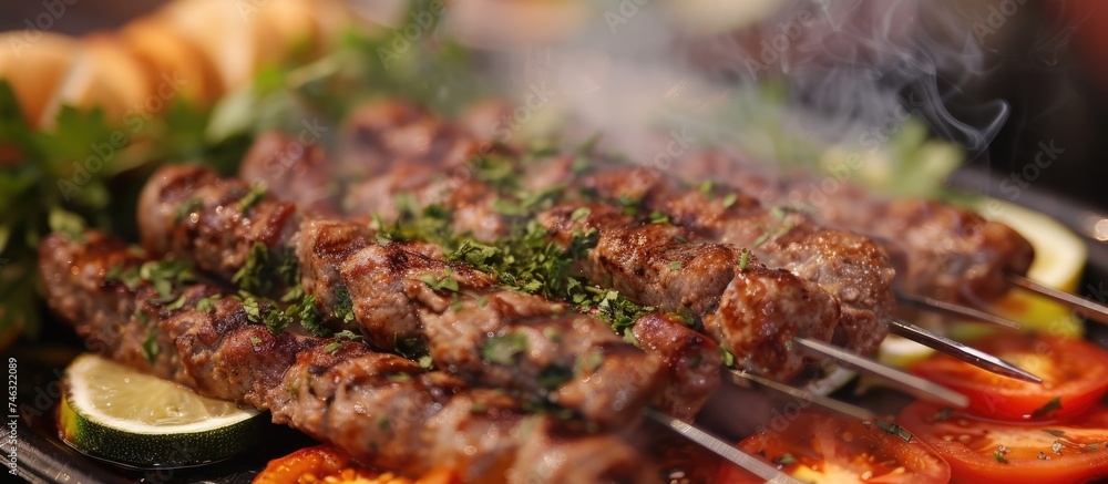 A close-up view of delicious grilled kebab sizzling on the grill, showcasing juicy meat, crispy bread, and fresh vegetables cooking to perfection in this mouthwatering kebab bliss.