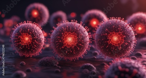  Viral particles in a microscopic view, illuminated by a red glow © vivekFx