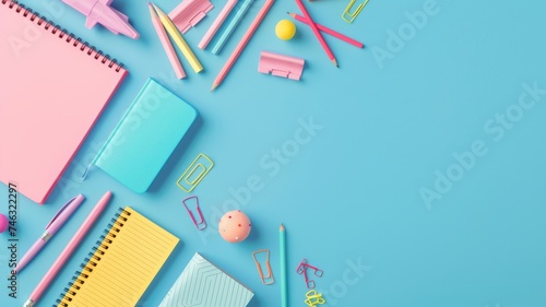 Pink school stationery on a blue background Simple design