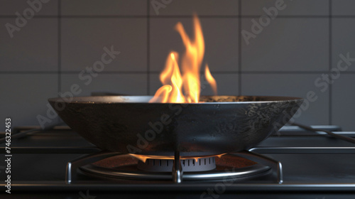 Chinese wok pan on fire gas burner.