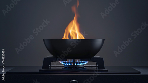 Chinese wok pan on fire gas burner.