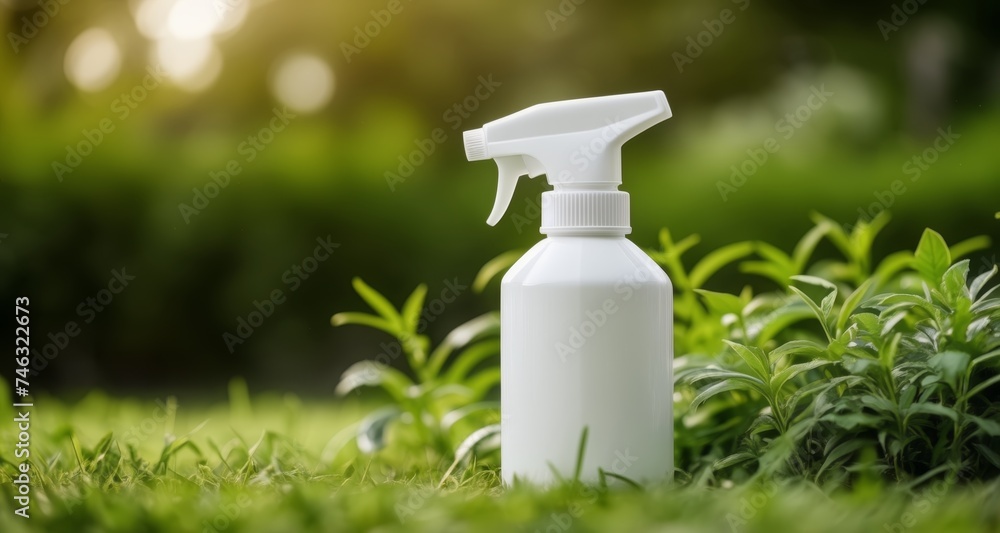Natural care - A bottle of plant-friendly spray in a lush garden Natural care - A bottle of plant-friendly spray in a lush garden