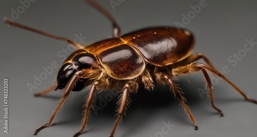  Close-up of a shiny, brown beetle with long antennae and legs