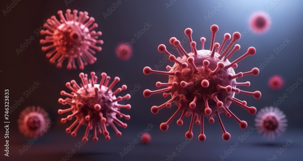 Viral particles in motion, a 3D rendering of a virus Viral particles in motion, a 3D rendering of a virus