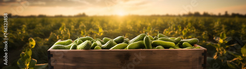 Gherkins harvested in a wooden box with field and sunset in the background. Natural organic fruit abundance. Agriculture, healthy and natural food concept. Horizontal composition, banner.