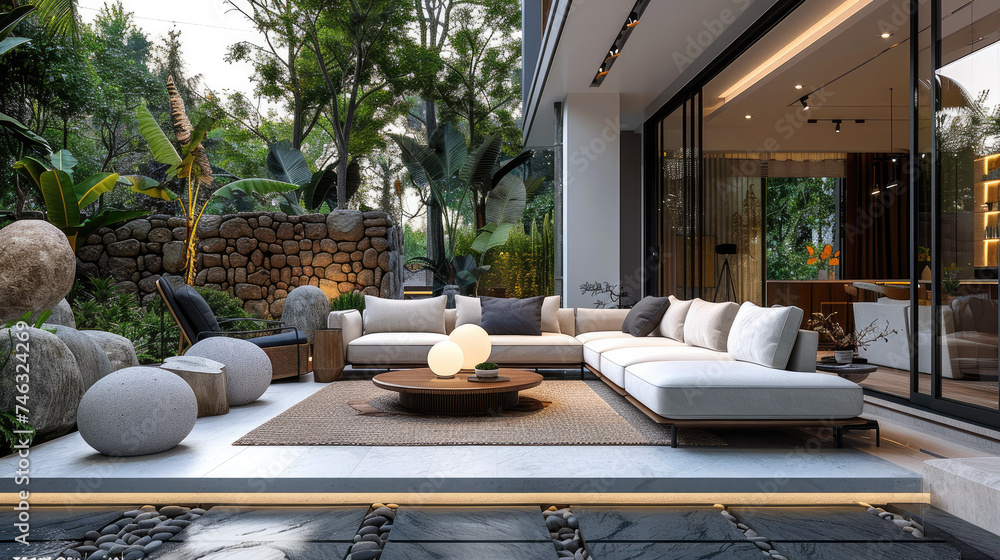 Fototapeta premium Design, small modern luxury lounge, outdoor. Generative AI.