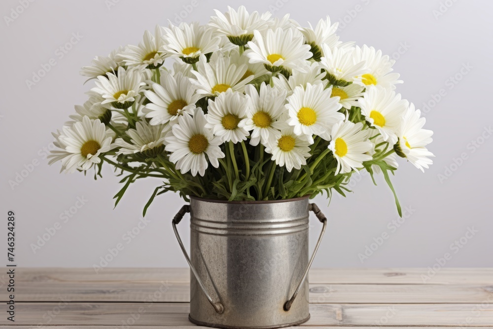 Bouquet of white daisies in a metal bucket on a gray background