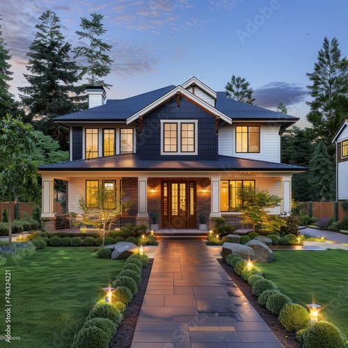 Beautiful home exterior in evening with glowing