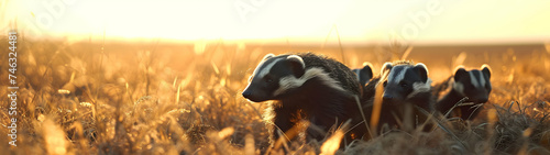 Honey badgers in the savanna in the evening with setting sun shining. Group of wild animals in nature. Horizontal, banner.