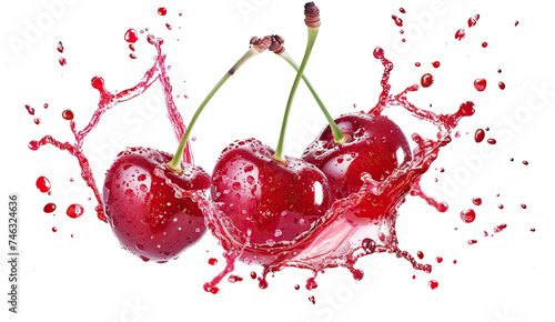 ripe red cherries in a splash of cherry juice on a transparent background. cut PNG file