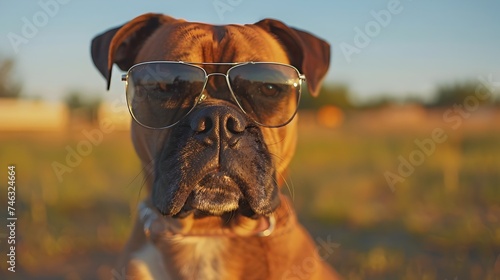 Stylish Dog Wearing Sunglasses Enjoying Playtime in the Field © vanilnilnilla