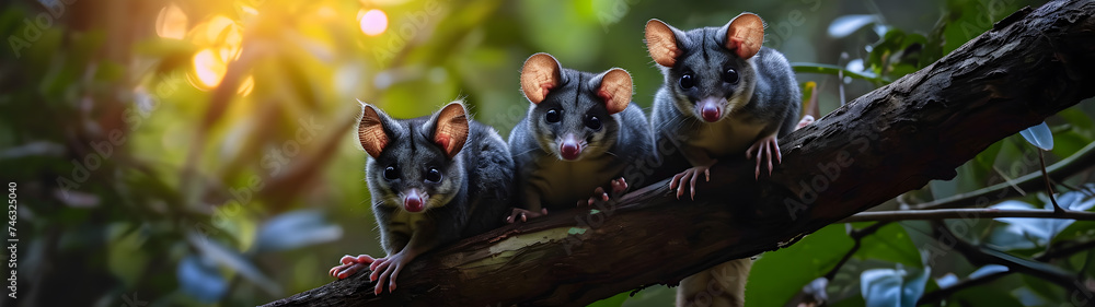 Possum family in the forest with setting sun shining. Group of wild animals in nature. Horizontal, banner. Possum family in the forest with setting sun shining. Group of wild animals in nature. Horizontal, banner.