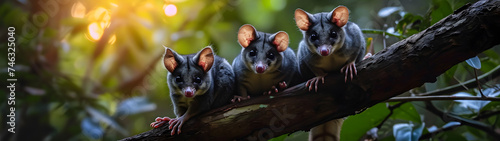 Possum family in the forest with setting sun shining. Group of wild animals in nature. Horizontal, banner. © linda_vostrovska