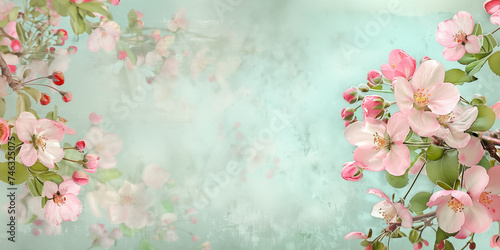 Spring nature background with lovely blossom in blue pastel color, top view retro banner. Springtime concept with weathered background for copy space. Mother’s Day floral illustration by Vita