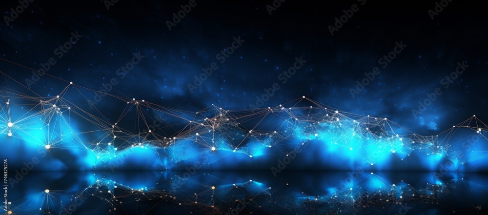 blue world of connections, in the style of bright backgrounds, layered mesh, black background, skillful lighting, solarization effect, dark white and sky-blue, shaped canvas