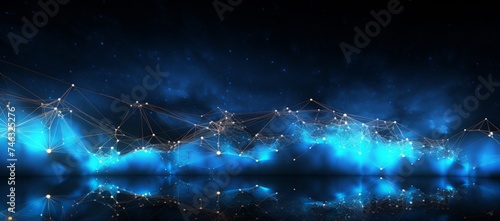 blue world of connections, in the style of bright backgrounds, layered mesh, black background, skillful lighting, solarization effect, dark white and sky-blue, shaped canvas