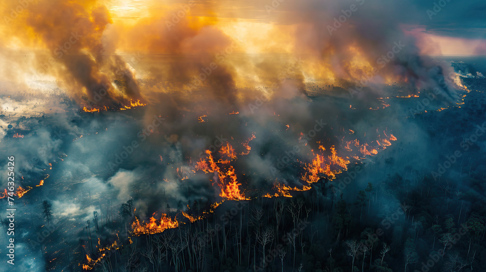 large forest fire, top view