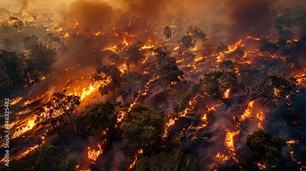 large forest fire, top view
