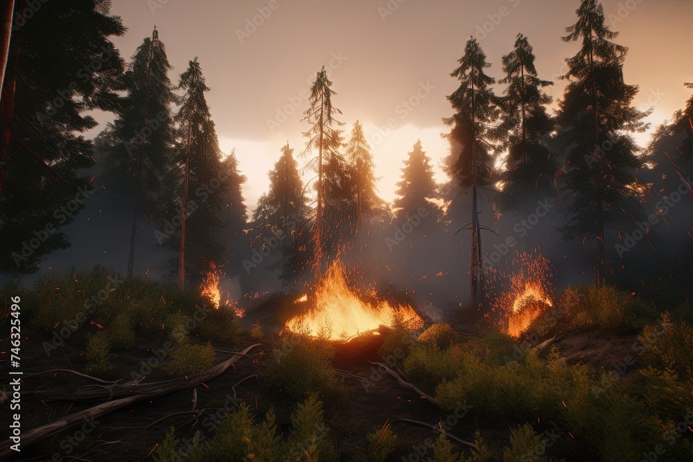 sunset in the forest fire