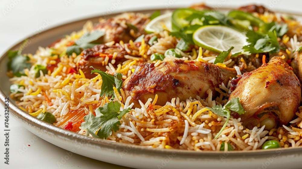 Delicious Chicken Biryani on Plate, Isolated on White Background Delicious Chicken Biryani on Plate, Isolated on White Background