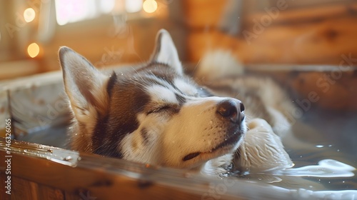 Husky Dog Relaxing in a Hot Tub Spa photo