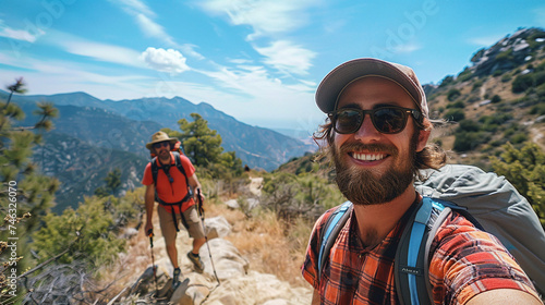 A young tourist man takes a selfie while hiking in the high mountains. Ai generate.