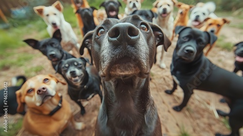 Exaggerated Canine Expressions A Group of Dogs in a Dada-Inspired Portrait