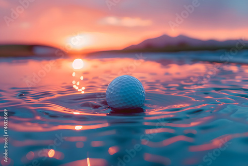 A golf ball floating on the waves at sunset