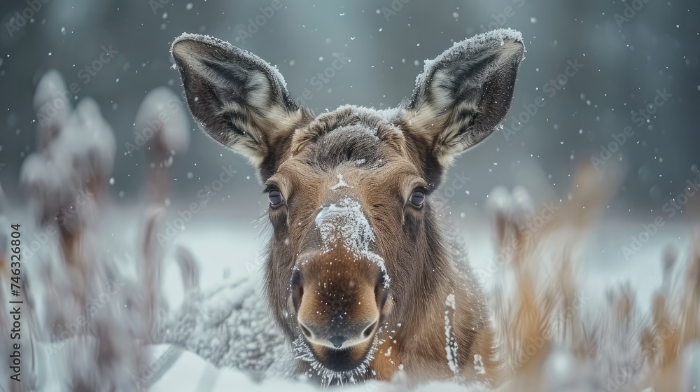 Cute moose in snow looking at us, close up. Generative AI. Cute moose in snow looking at us, close up. Generative AI.