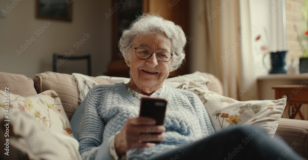 Elderly woman enjoys the digital world from her sofa Elderly woman enjoys the digital world from her sofa