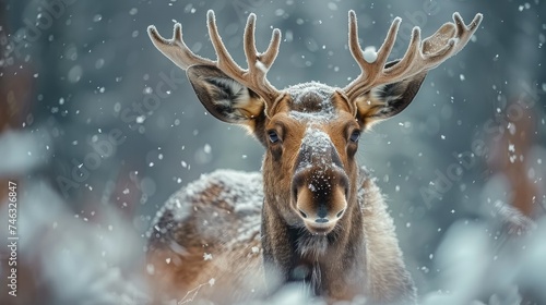 Cute moose in snow looking at us, close up. Generative AI.