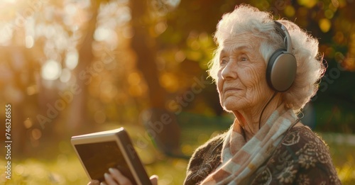 Elderly woman enjoys music or podcasts in her garden.