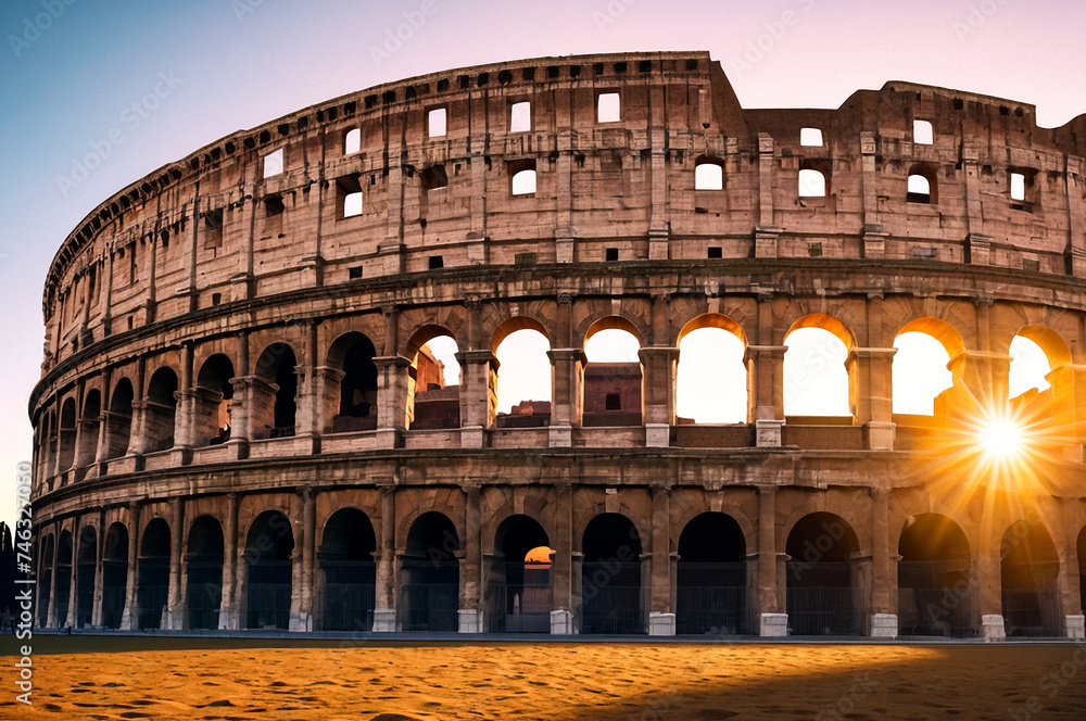 Majestic sunrise at colosseum, summertime. Colosseum is most landmark history, sunshine background, summer vacation. Historical architecture concept. Copy ad text space. Generative Ai