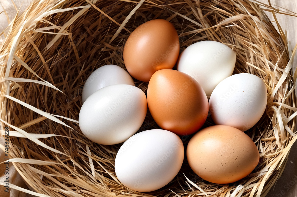 Fresh brown and white eggs in straw nest inside, top view. Chicken Easter eggs in nest on wooden floor background, flatlay. Food Easter concept. Copy ad text space. Generated Ai